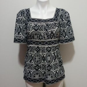 BCBGMAXAZRIA Black Geometric Print Babydoll Top